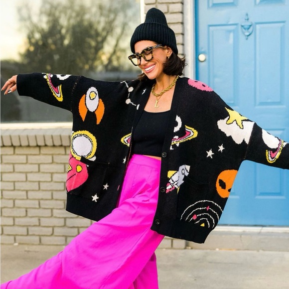 Dressed in LALA Black and Pink Cosmic Cardigan - Picture 1 of 8